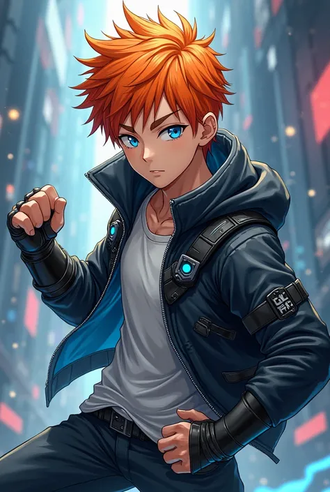 An anime lean male, blue eyes, fighting stance, big zip up jacket, futuristic gear, orange hair 