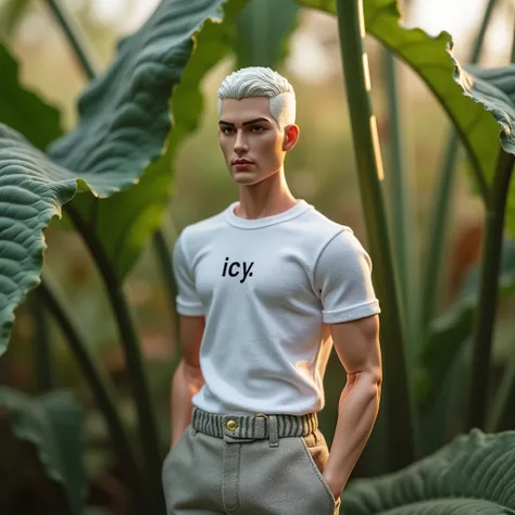 extremely realistic photo, masterpiece, best quality, RAW photo, showcasing a full body shot of a male model hybrid with Ken doll-like, including doll-joints:1.3 and plastic-like skin:1.35, (PVC), Mixed of Latino and  Thai male supermodel, short platinum u...