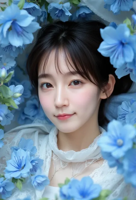    highly detailed depiction of a young Asian woman   ,  pale  ,   Graceful personality   ,   gives an angelic look  .   Expressive eyes 、  is full of innocence and wonder that emphasizes softness  ,    Her hair and skin tone   .   she Im wearing an oversi...