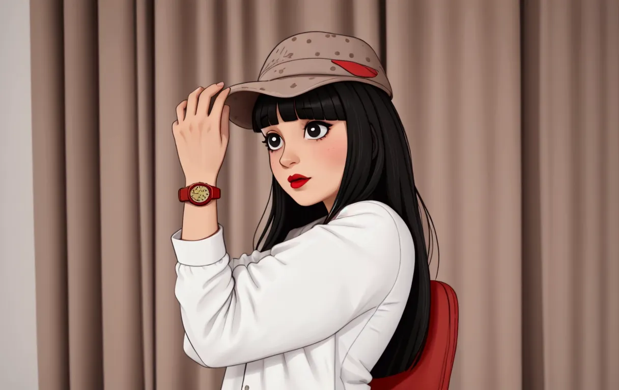 1girl, solo, hat, black hair, long hair, watch, looking at viewer, wristwatch, upper body, red lips, shirt, black eyes, white sh...