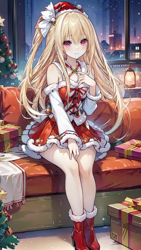 A blond girl ， Long eyelashes and a crafty smile ， sits on the velvet sofa next to the decorated Christmas tree。 she looks at the audience ， Sparkling like a polished ruby 。 She wears a fur-trimmed red skirt ，The sleeve is detachable ， showing medium  and ...