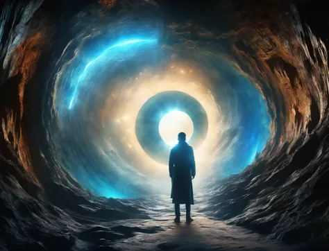 there is a man standing in a cave looking at a blue light, portal to another dimension, looking through a portal, portal to oute...