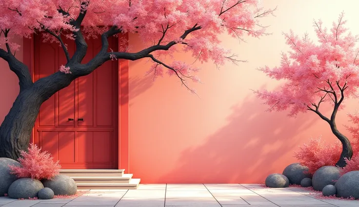  watercolor rendering in minimalist art style ， Glossy and Chinese style ，The background part leaves a small corner of the picture white 。 depicting the part of the retro dark red wall features window sills and plum trees，Beautiful light 。 The left half of...