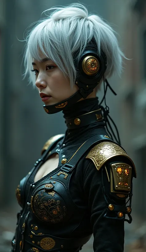 Japanese cyborg assassin sexy model wearing Schutzstaffel military uniform with a very delicate geometric pattern、Gothic militaly style fashion、I can see the machine inside the glass、 clear glass、 clear glassの体、 clear glassの衣装、Harnessを使ったパンクスタイルのボンデージミリタリー...