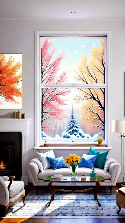  Living Room Paintings in Montreal, Canada, Beautiful snowy scenery,  big window, fireplace,sofa,Quill pen,Books,Rugs Beautiful Calm Lofi Bibs ,Shrubs,flower, Residential Street, Golden Hour , Snowy Night,dusk,4K HD, cloud, beautiful art UHD 4K ,  beautifu...