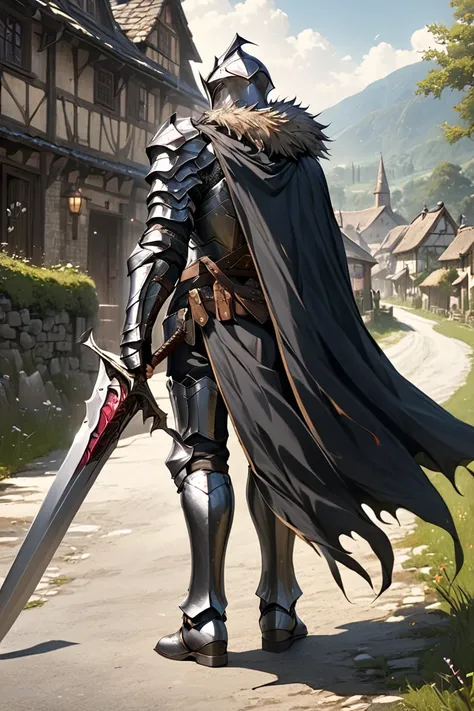 man,  Fairy Slayer , Holy Knight, heavy armor hand shield ,Back sword,Fur collar , black cape background on village and country road, Full Body View , man,  Very detailed,  high detail