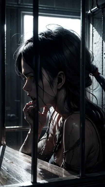 A shot through the iron bars, showing a woman trapped in a prison cell. Her hands grip the cold metal tightly, and her face, partially obscured by the bars, is filled with anguish as she shouts. The bars frame her expression of despair and desperation, wit...