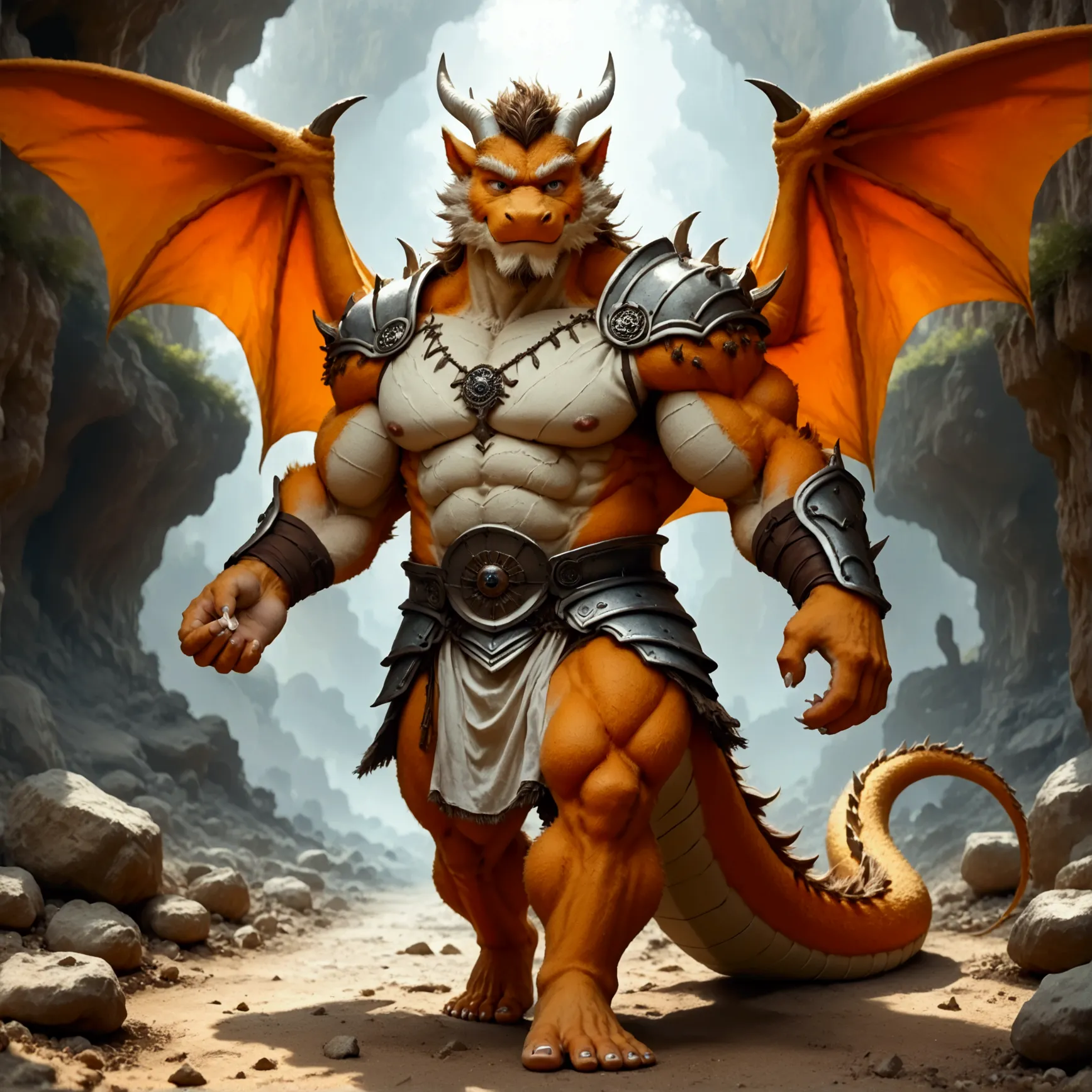 character focus, full body, looking away, dynamic angle, dragon, a muscular middle-aged dragon man, dragon wings, dragon muzzle,...