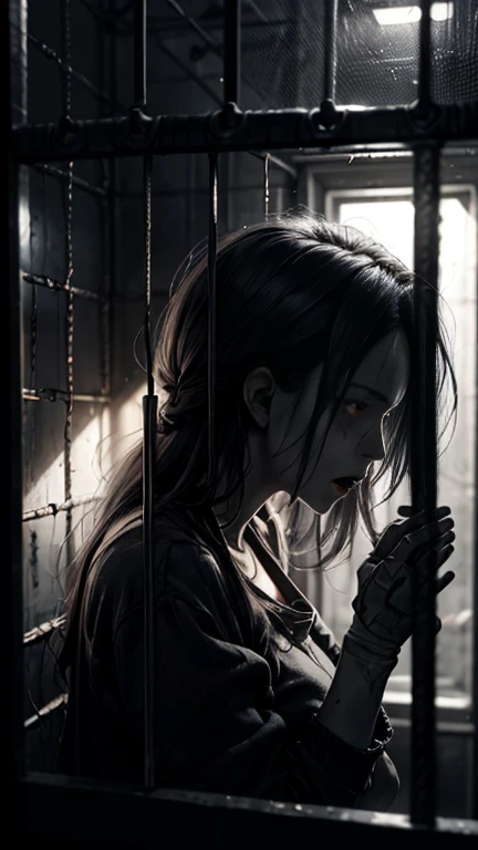 A shot through the iron bars, showing a woman trapped in a prison cell. Her hands grip the cold metal tightly, and her face, partially obscured by the bars, is filled with anguish as she shouts. The bars frame her expression of despair and desperation, wit...