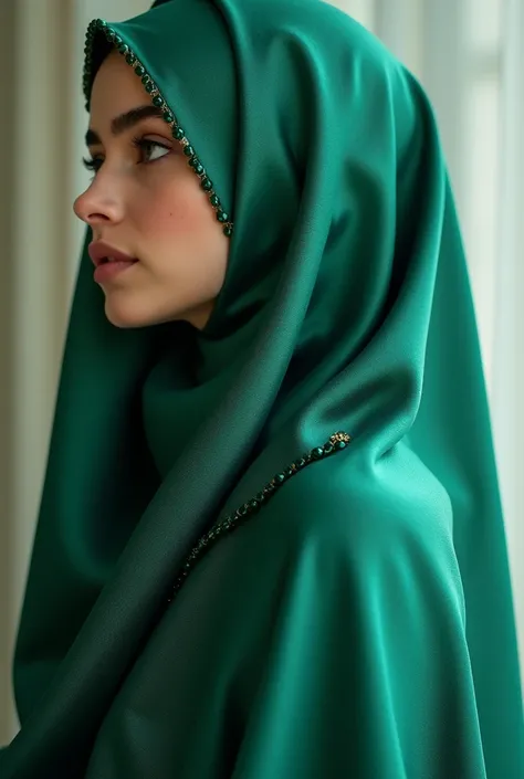 a detailed close-up of an emerald green silk hijab with delicate hand-beaded edges and ombré effect, soft natural lighting, visible fabric weave, professional fashion photography, extremely detailed, high resolution, 8k, photorealistic