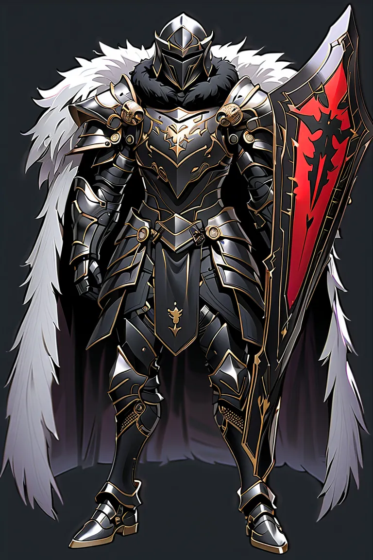 man,  fairy slayer , holy knight,wears heavy armor(black),holding a shield,,fur collar ,black披風 背景村莊鄉野路上, full body view , man, ...