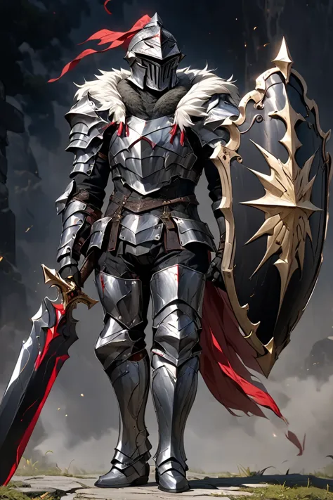 man,  fairy slayer , holy knight,wears heavy armor(black),holding a shield,,fur collar ,black披風 背景村莊鄉野路上, full body view , man, ...