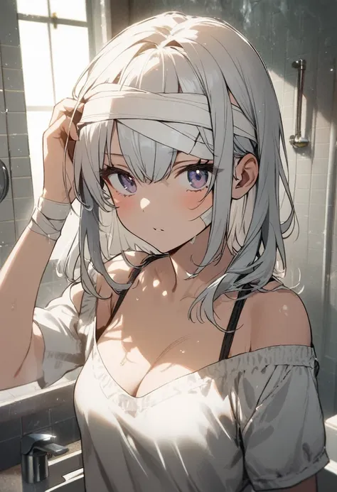 1girl,white hair, bathroom, bandage head, hand on head