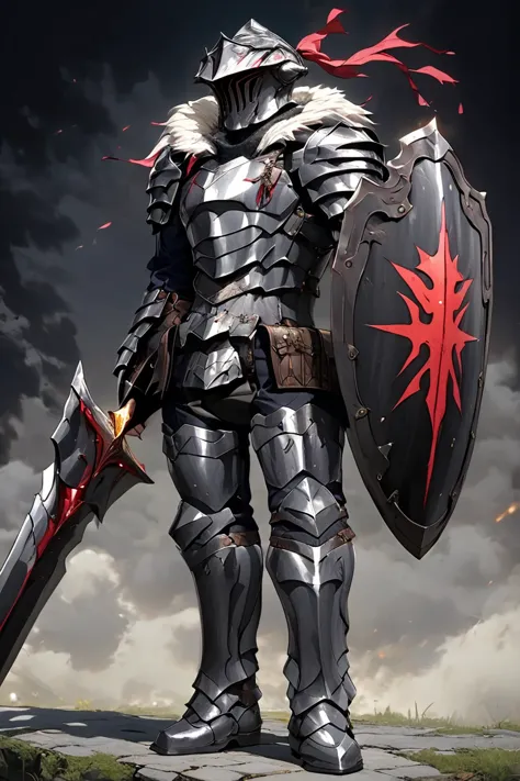 man,  fairy slayer , holy knight,wears heavy armor(black),holding a shield,,fur collar ,black披風 背景村莊鄉野路上, full body view , man, ...