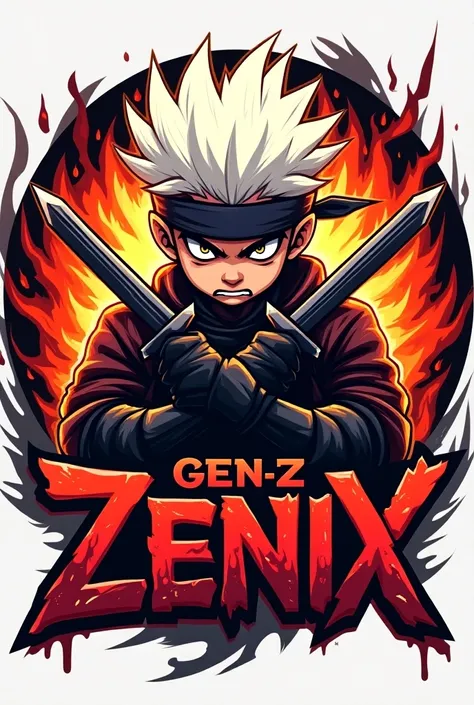 Creat a logo inside a circle write (GEN-Z ZENIX) A ninja type boy white hairs, Anger attitude, fighter, Gamer, Fire background, Unique Stylish fonts, silver, HD quality, primium look, Dangerous look, With swords, letter X with bloods, 