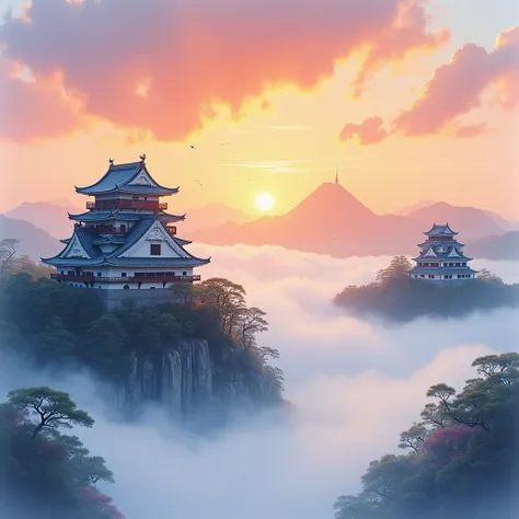  Japanese castles surrounded by a sea of clouds,  ancient Japanese architecture ,  sunrise, Tranquility, and majesty ,Watercolor