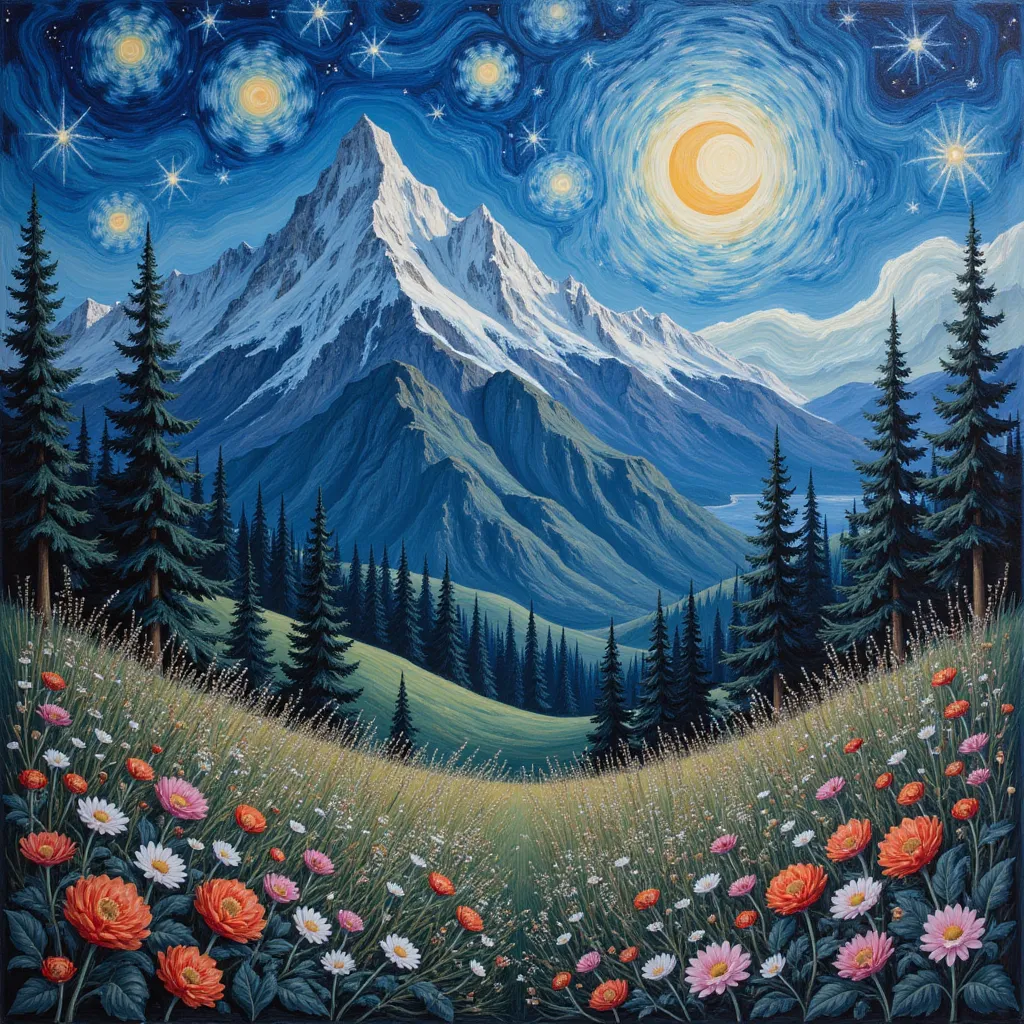 Mountain, forest,  Starry Night Sky   ,Full Moon,  intricate details ,Blooming flowers,van gogh