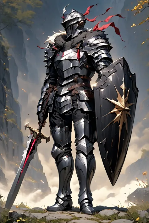 man,  fairy slayer , holy knight,wears heavy armor(black),holding a shield,,fur collar ,black披風 背景村莊鄉野路上, full body view , man, ...