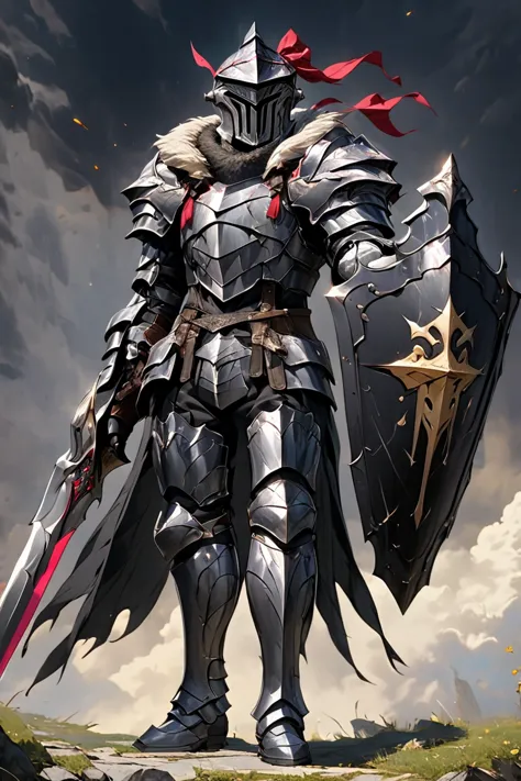 man,  fairy slayer , holy knight,wears heavy armor(black),holding a shield,,fur collar ,black披風 背景村莊鄉野路上, full body view , man, ...