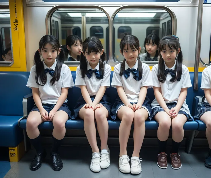 (((crowded train))),(((several men around))),school shoes, school uniform,family（((father,mother,2 daughters))),tokyo（around tow...