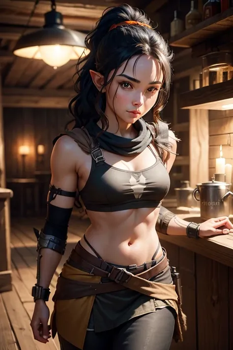 ((best quality))) (((HD))) (((8k))) (character) 20-year-old girl,((adventurous)) half-elf, ((beautiful)) and ((happy)), ((black hair)) and ((medium hair) and (wavy hair) and (ponytail)), fit body, small breasts, wide hips, short stature, delvers suit, thie...