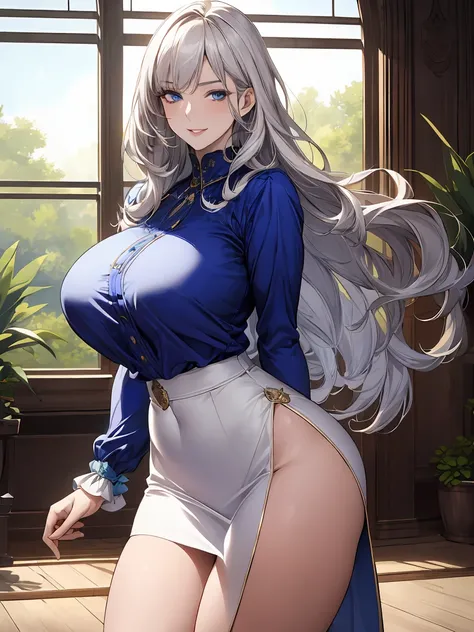 (art: 1.2), (best quality: 1.2), upper body, 1 woman, mature, tall (1.85), appeared to be around 30 years old, had silver hair, straight and shiny hair , loose hair divided in half, bangs, sapphire blue eyes, extremely detailed eyes, perfect eyes, extremel...