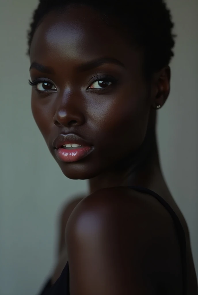 African super model with blue eyes and plump pink lips
