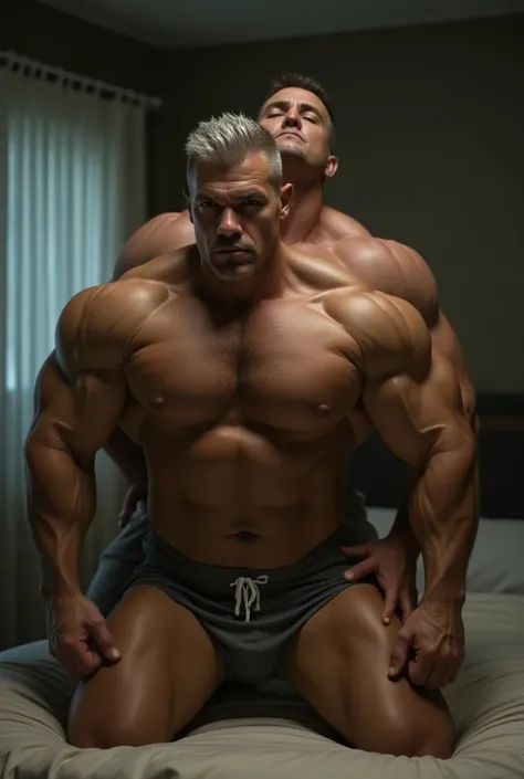 Two muscular bodybuilder, heavy hairy chest, man with dark short silver hair, wearing only worn grey tight underwear showing gigantic bulge, with massive hairy pecs, really hairy armpits, heavily wet skin, big arms, massive trapezium muscle, perfect massiv...