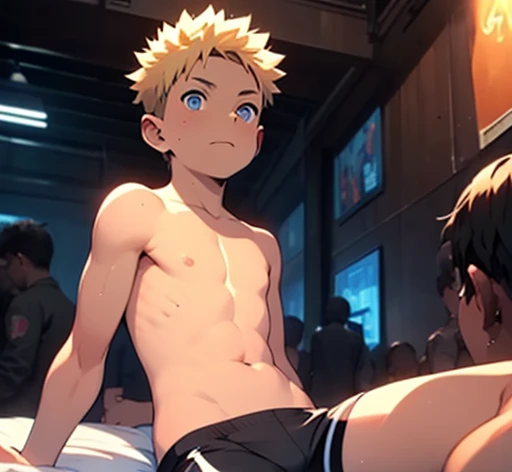 masterpiece,  gay men ,  Two  s,   a beautiful face, On the bed,Dick , Shota, In the crowd, Flat chest, Red-Faced Boy ,   slim thighs , blond, Naruto, 