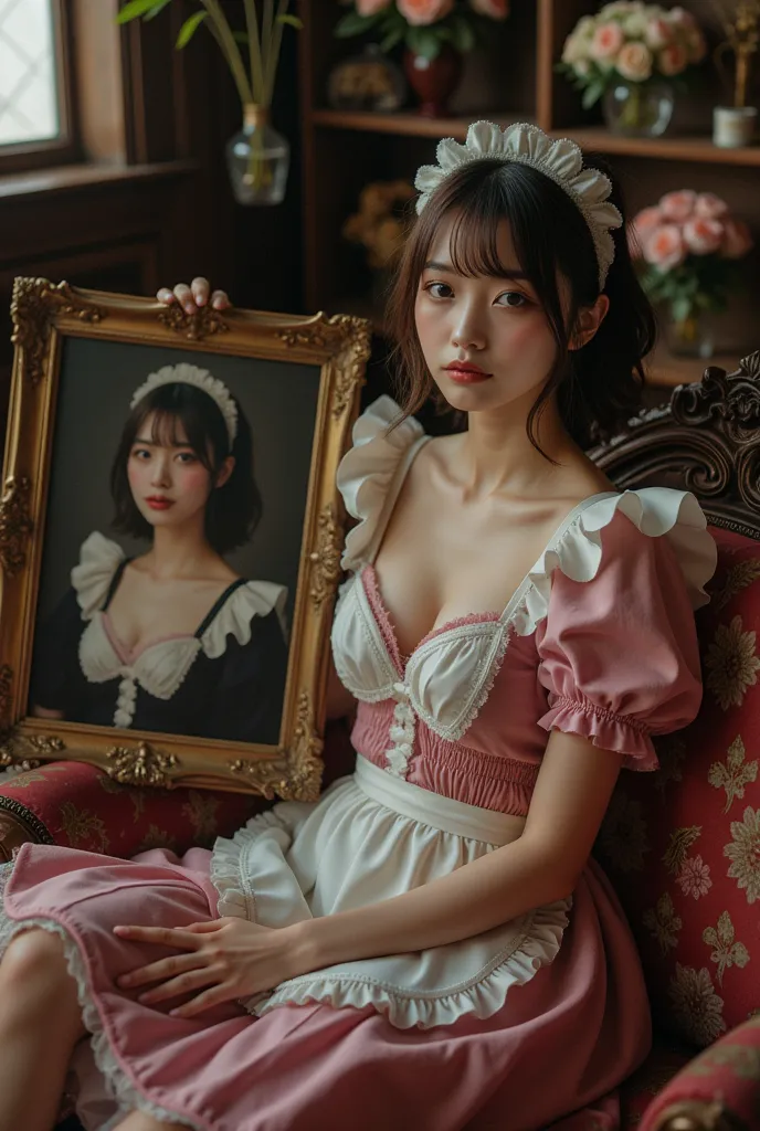 ultra-realistic, photorealistic, dramatic scene, shadow, global-illumination, solo, (20 years old Japanese famous idol girl:1.5), very beautiful fragile Japanese girl, very beautiful with very cute but boyish cool face, (modern maid:1.2), (wearing a cute colored maid outfits with frills:1.2), (extremely large breasts), slim waist, at the antique room in the European castle, antique furnishings, flowers, She is sitting on the couch, She is holding a large oil painting of her portrait, The oil painting portrait is in gorgeous frame