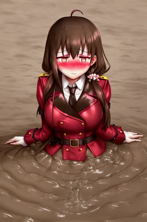 heliandef, monocle, scrunchie, military uniform, red coat, necktie, belt, large breast, BREAK, (blush:1.5), half upper body, Quicksand, Quick Sand, arms stuck in quicksand, up to chest in quicksand, moaning, blushing, shortstack figure, breasts pushed up b...