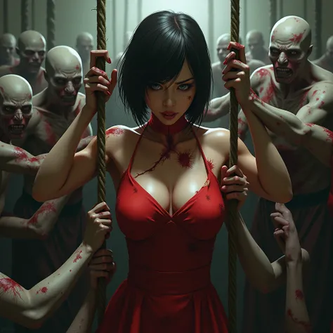 Ada Wong。 zombie horde。Zombies Attack Her 。She gets bitten on her body 。She is hung by a rope。Hold her down。She looks aggrieved 。Shes full of wounds 。 she can be hurt。 short detail hair ，  brunette colored hair ，  red china dress， Short sleeve shirt， black...