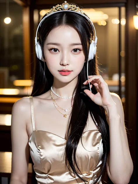 There is a woman wearing a Chinese dress., 2 7 years old, 2 8 years old, 2 9 years old, 3 2 years old,  listening to music with headphones , Ye Wen, 2 3 years old, Round face, Cute Lian, Gold Tiara,  pearl necklace, Jade hairpin、Looking into the camera、 up...