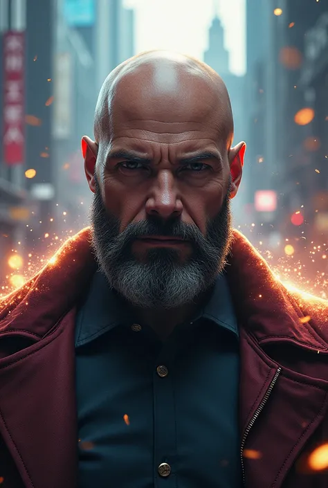 generate a superhero in marvel style. He is bald man with beard around 35-40 years. his strenght is knowledge and mind reading. 