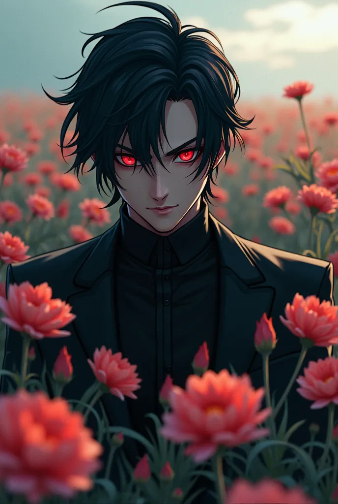 man. High accuracy, Black hair, , A look of contempt, stare at the flowers, red eyes, Dark Frame, Black Flame Suit 