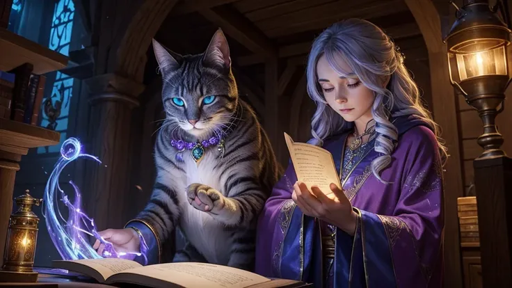 "A magical cat sorcerer stands in a cozy, mystical study filled with ancient scrolls, glowing runes, and enchanted artifacts. The cat, with silvery fur and piercing blue eyes, is dressed in a deep purple robe adorned with golden embroidery. It holds a staf...