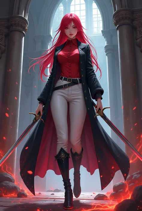  Red-haired female character ,  red-eyed
Wearing a long black coat , Red shirt,  white pants and black boots
Tall and with a strong personality
Fighting a Witch in a Castle ,  holding a long sword in one hand

Style inspired by Korean role-playing games , ...