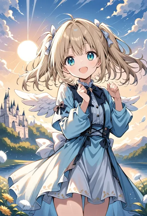 1 cute girl,
(light bronze hair, bob hair, twintails, messy hair, white bow),
(dark aqua eyes, tareme),
smile,
open mouth,

looking at viewer,

(light blue Gothic costume),
(white small Angel Wings),

cowboy shot, solo,

(depth of field),
noon sky, little ...