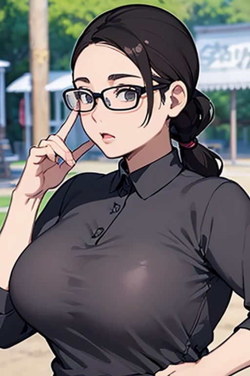 1 woman、Brown Hair、Rounded outline、Best Quality、 very detailed、Perfect human body、 exact number of fingers、( anime style)、(( Japanese))、((40-year-old woman))、mother、curvy、whole body、Outdoor、playground、teacher、((grey polo shirt、 black pants、Glasses))、((low ...