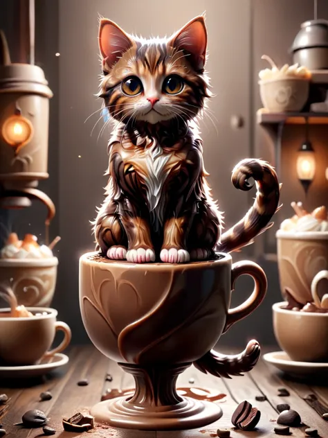 coffsey , cat、cocoa、 chocolate 、 fantasy、a cute kitten in a coffee cup standing on two legs like a human 。