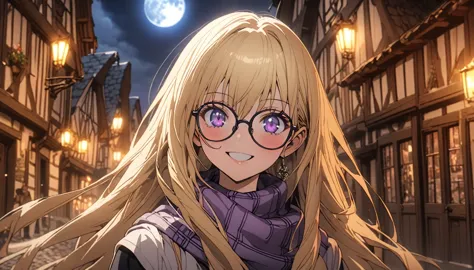 anime aesthetic, 1girl, anime character, schoolgirl walking through the empty streets, dark night, european medieval town, huge ...