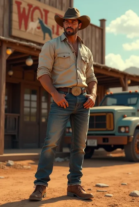 A sexy cowboy outside a bar 4x4 wolf van
Western Heat Sweat Ranch Party 