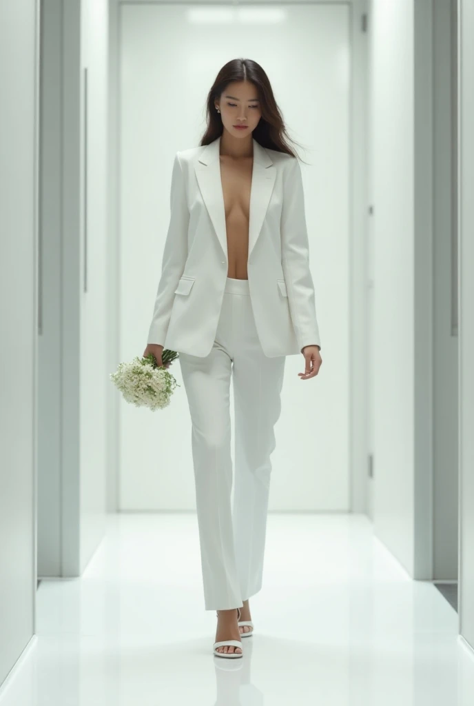 1girll，(solo person:1.4),(White business suit:1.4)，White bouquet，No shirt, walking in the office, 