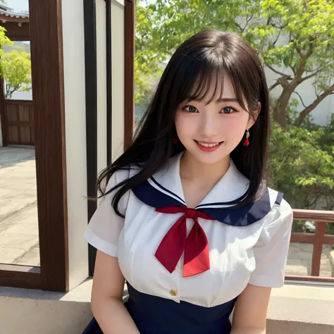 『 1 girl:1.3』Best Quality:1.2、 big breasts at the temple、18 years old、 I can see a little cleavage、(( young woman))、((Red cheeks)) is laughing、 Best Quality、 high resolution on down、  detailed background  、Beautiful facial details、Teenage Beauty、 detailed ...