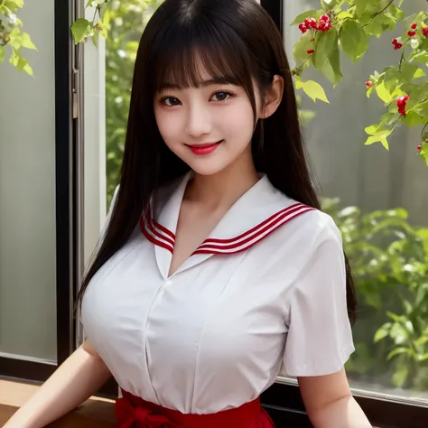 『 1 girl:1.3』Best Quality:1.2、 big breasts at the temple、18 years old、 I can see a little cleavage、(( young woman))、((Red cheeks)) is laughing、 Best Quality、 high resolution on down、  detailed background  、Beautiful facial details、Teenage Beauty、 detailed ...