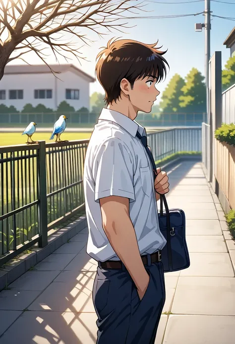  masterpiece , high quality,  super detailed,  1 male in his 40s, male focus, handsome, Residential area, fence, Spindle tree ,  afternoon sunshine , After school, Set, handbag, Birds, From the side, Depth of Field