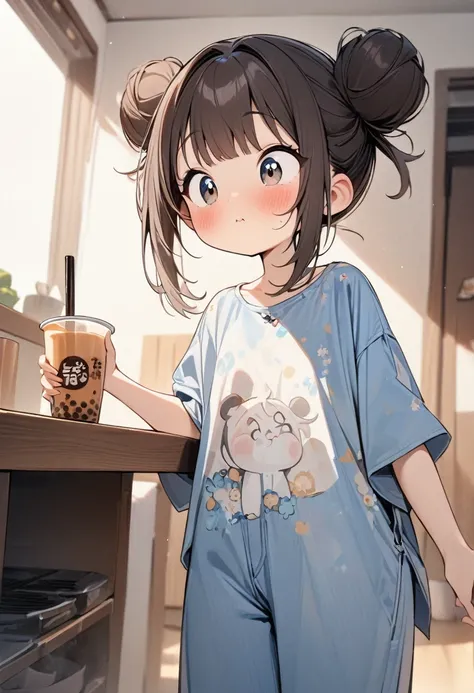 ( masterpiece ,  is the best quality:1.2),  cartoon character design 。 1 girl at home,  alone ， big eyes，  cute expression  ，Two buns，loose fit flower shirt ， blue denim jumpsuit， white sneakers，Standing，interesting，interesting， clear lines 、Drink milk tea