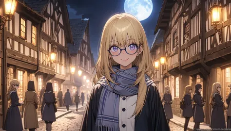 anime aesthetic, dark blue colours, 1girl, anime character, schoolgirl walking through the empty streets, huge blue moon, dark n...