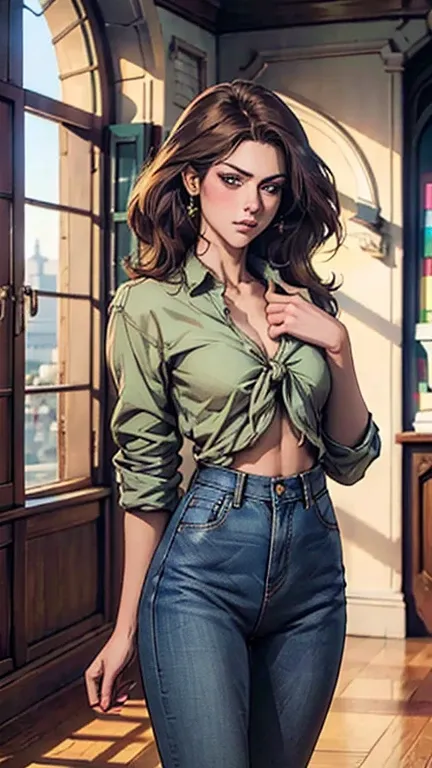  A woman with long light brown hair , a delicate face, a blank look in his eyes,  a slender and firm dancer figure  ,  a realistic and fanciful style outfit , she ties a French shirt on her chest,  revealing her graceful waist ,  she wears tight jeans on h...