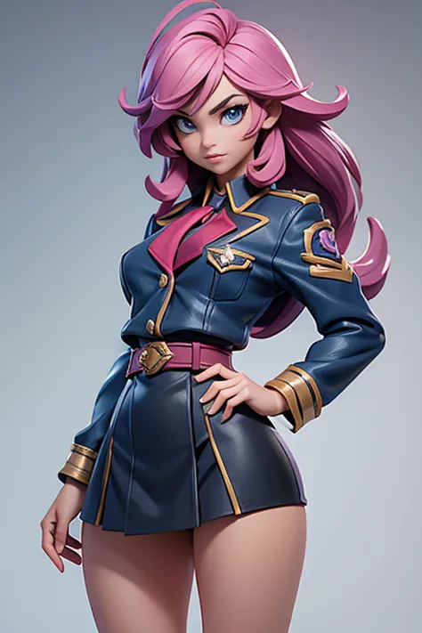 Q version of League of Legends Vi figure, wearing a high school girl's uniform, buttocks and thighs visible, standing with one hand on hip and legs spread apart, full-length view,